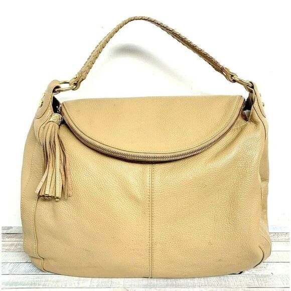 LARGE Onna Ehrlich BEIGE LIGHT BROWN GENUINE LEATHER TASSEL SHOULDER BAG HANDBAG - Picture 1 of 10